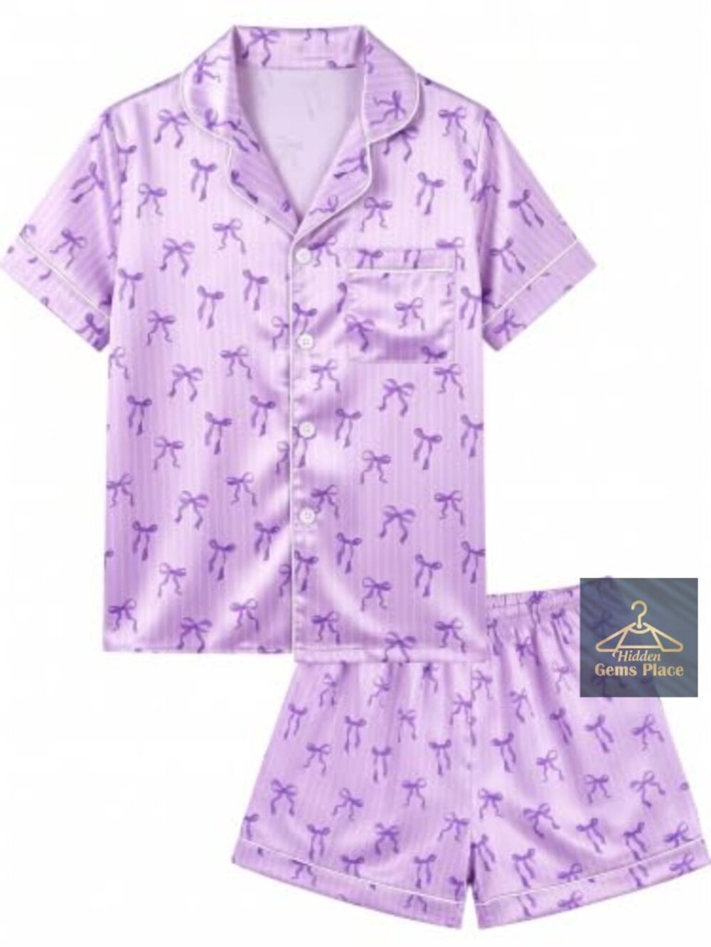 Girls Satin Pajama Set Button Down Short Sleeve Sleepwear 2-Piece